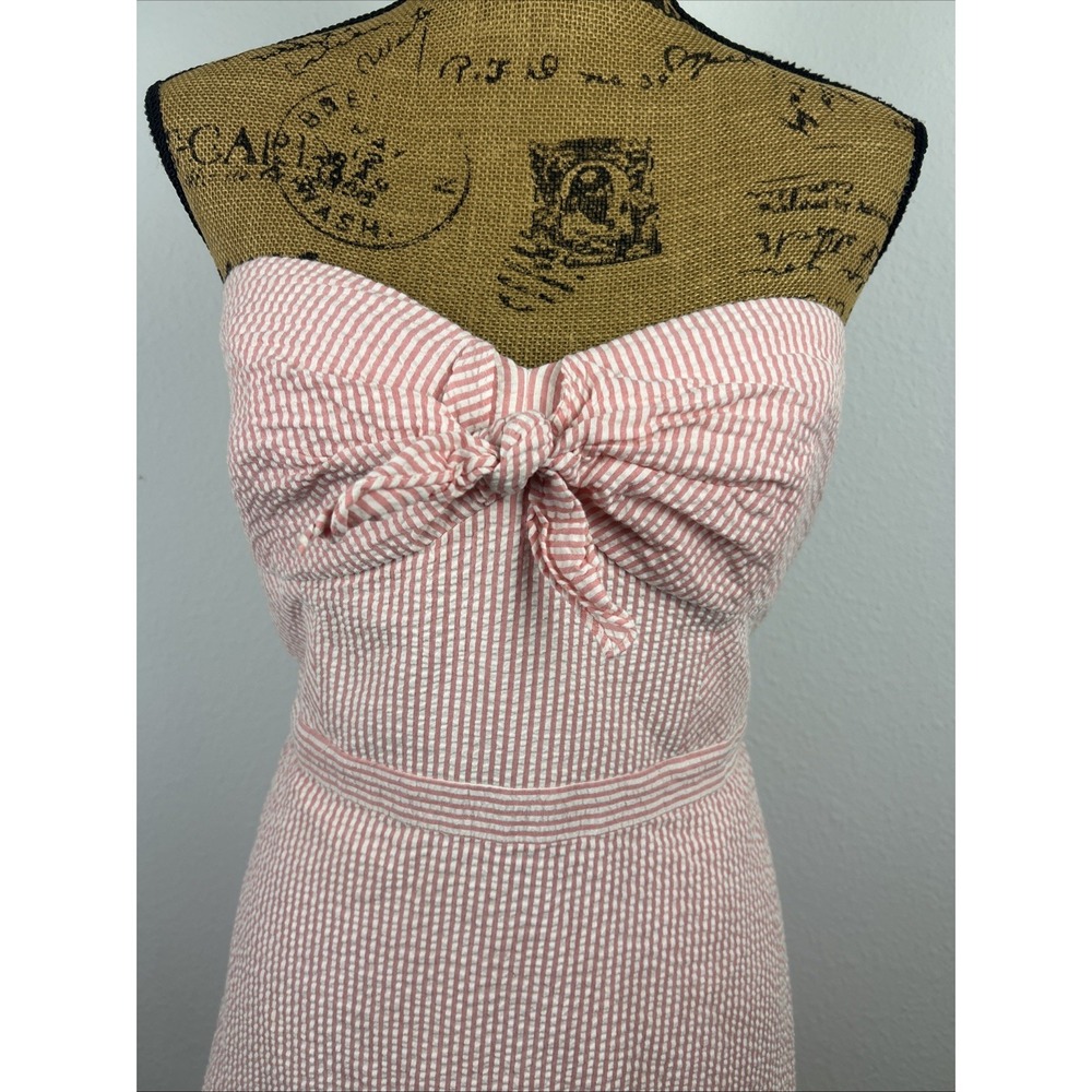 J CREW Dress Strapless‎ Sz 16 Pink Stripe Seersucker Tiered Ruffle Beachy Summer
